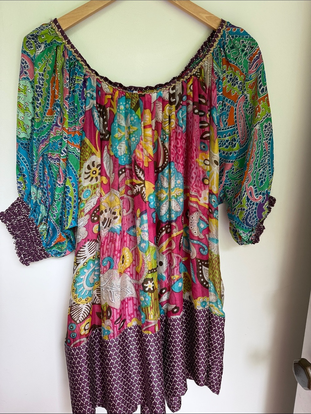 Boho Multicolor Off-Shoulder Tunic with Smocked Cuffs